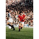 Two George Best-signed colour photographic prints,
Best in action for Manchester United,