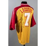 Marius Lacatus: a signed red & yellow striped Steaua Bucharest No.