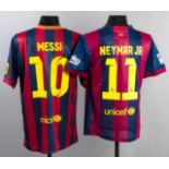 Lionel Messi and Neymar signed blue & red striped Barcelona jerseys,
the Messi No.