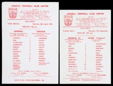 Two Arsenal single-sheet home friendly programmes v Cypriot opposition,
Apoel FC 19.9.