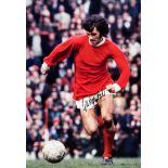 Two George Best-signed colour photographic prints,
Best in action for Manchester United,