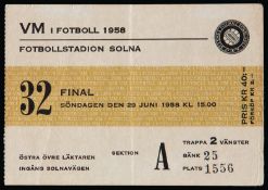 A 1958 World Cup Final ticket Brazil v S