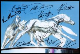 A colour photograph of the Derby Stakes trophy signed by 11 Derby winning jockeys,
8 by 12in.