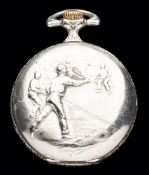 A Swiss pocket watch decorated with tennis and football scenes,
embossed decoration to each case,