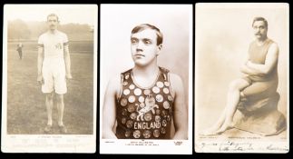 Three signed postcards portraying early English sportsmen,