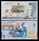 A pair of Royal Bank of Scotland five pounds banknote autographed by Jack Nicklaus,