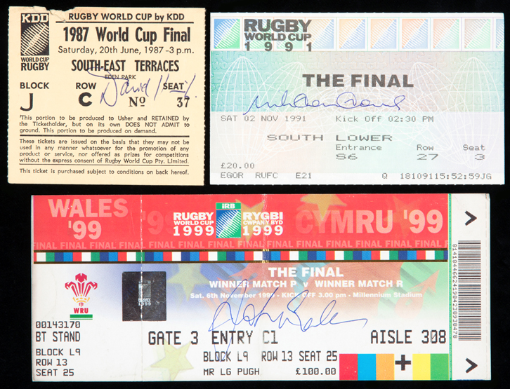 A trio of Rugby World Cup Final tickets signed by the winning captains,
