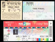 A trio of Rugby World Cup Final tickets signed by the winning captains,