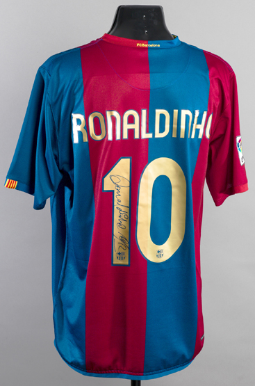 Brazilian signed football kit,
comprising: a replica red & blue striped Barcelona No. - Image 3 of 3