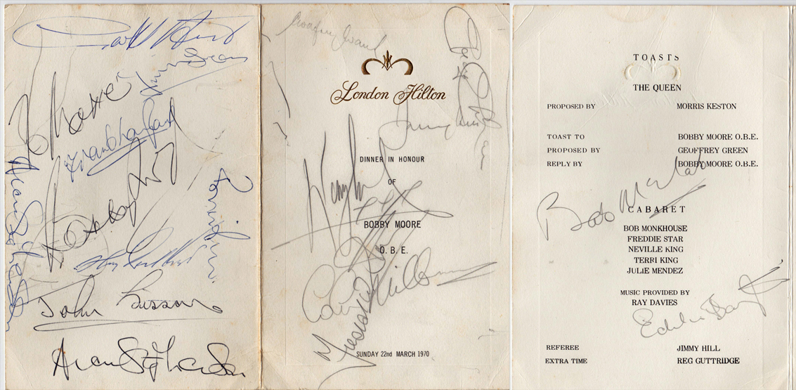 An autographed 1970 Bobby Moore Tribute menu, 
London Hilton,