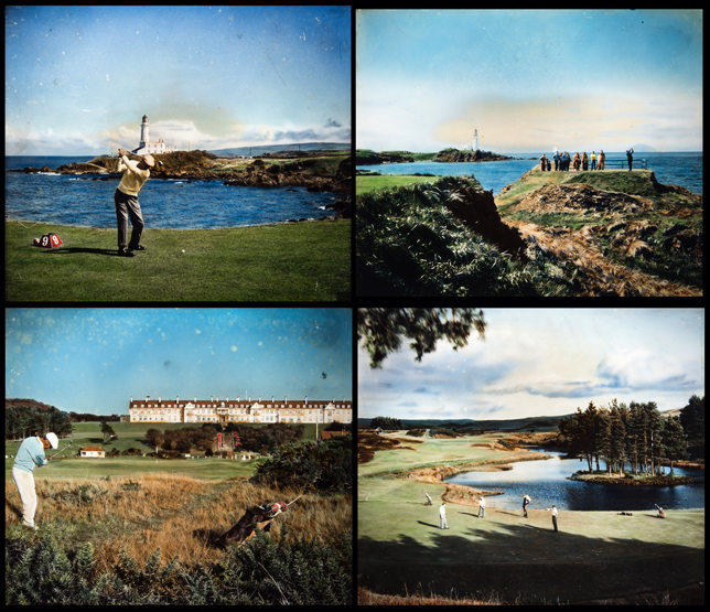 A highly unusual set of four colour positive photographic glass plates with views of Turnberry Golf