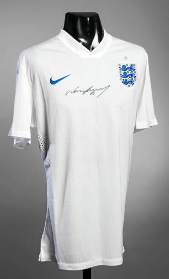 A Wayne Rooney signed white England replica jersey,