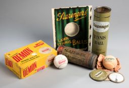 A tube of 3 "Tropical Red" used lawn tennis balls by Slazenger along with a tube of 4 "Tropical