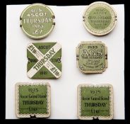 A group of six Royal Ascot day badges,
printed cardboard, brooch fittings,