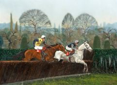 Stephen Cook (contemporary)
DESERT ORCHID AND PEGWELL BAY JUMPING THE LAST IN THE GAINSBOROUGH