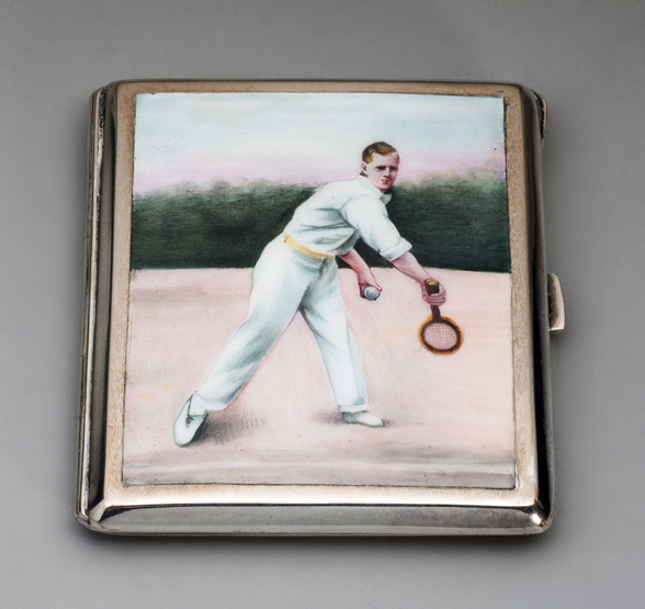 A continental alpaca cigarette case with an enamel portrait of a gentleman tennis player,
