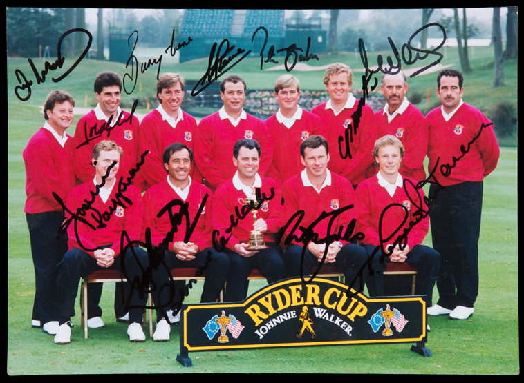 A fully-signed colour photograph of the 1993 Ryder Cup European Team,
7 by 10in.