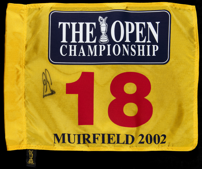 A souvenir 2002 Open Championship Muirfield 18th hole pin flag signed by the winner Ernie Els,