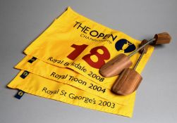 Three souvenir 18th hole pin flags for Open Championships,
comprising Royal St George's 2003,