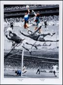 A photographic print double-signed by England goalkeeping legends Gordon Banks and Peter Shilton,