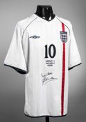 A signed Michael Owen white England shirt commemorating the 5-1 win in Germany 1st September 2001,