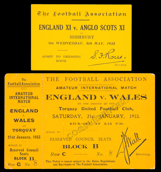 A Football Association 'Admit To Dressing Room' pass for the England XI v Anglo Scots Xi match