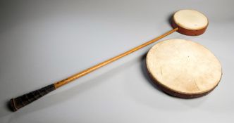 A rare Batoir (Jeu de Tamis) and a Tambourin both hand inscribed by Roger Valette, the famous French