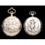 Two Swiss pocket watches decorated with hunting and fishing scenes,
embossed decoration to the case,