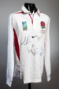 An England 2003 Rugby World Cup commemorative shirt signed by Lewis Moody, Josh Lewsey,