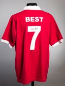 A red Manchester United retro shirt signed by George Best,
by Toffs,