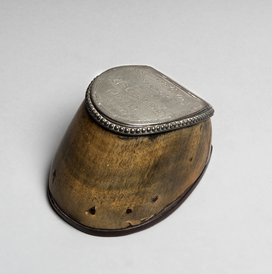 A horse hoof inkwell,
the hinged lid inscribed GREY MARE, "NANCY", THE PROPERTY OF Mr. S.