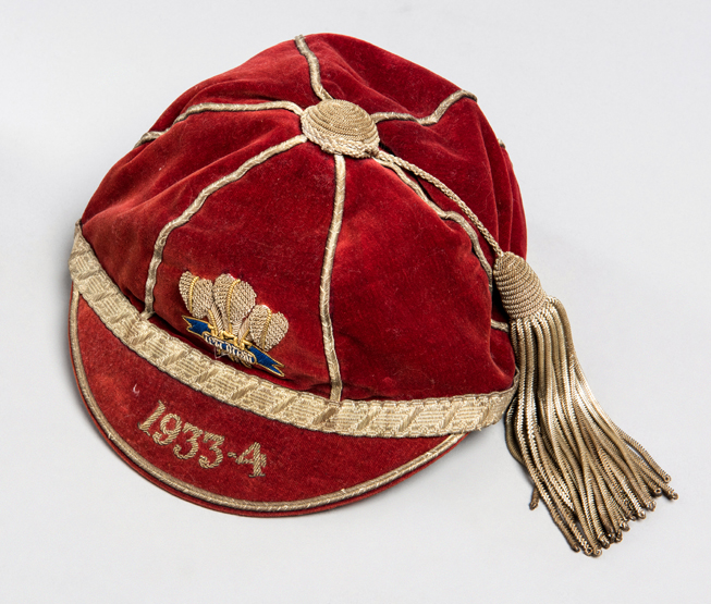 Danny Evans: a red Wales international rugby cap 1933-34,
inscribed 1933-4,