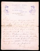 A signed manuscript letter on headed writing paper from the jockey Charley Webb dated 1892,
