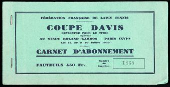 Extremely rare 1933 Davis Cup ticket booklet with 2 used and 1 unused ticket
France vs Great