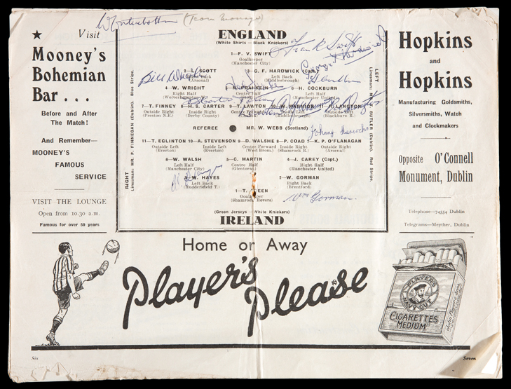 An autographed Republic of Ireland v England international programme 30th September 1946,