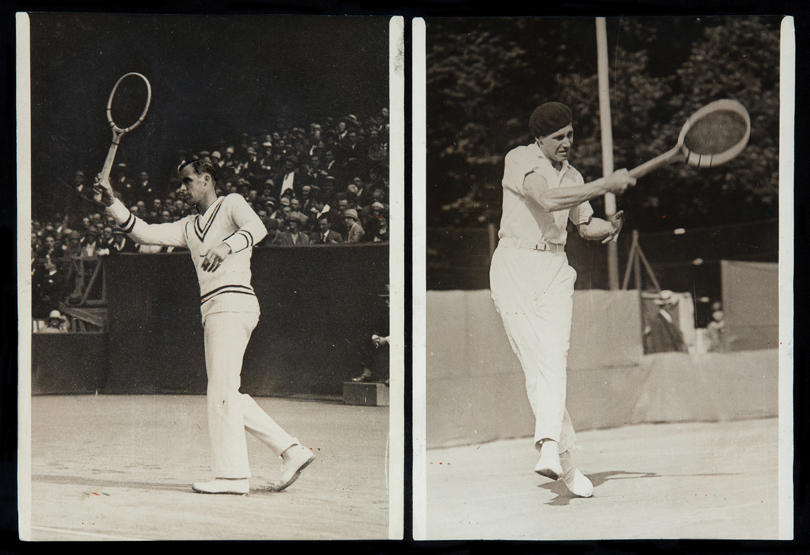 Two original French press photographs of Bill Tilden and Jean Borotra in action at the opening