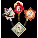 Three rugby cards published by W N Sharpe circa 1880s,
rose-shaped with player portraits,