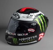 Jorge Lorenzo 2015 race-worn HJC helmet with signed visor,
a matt black,