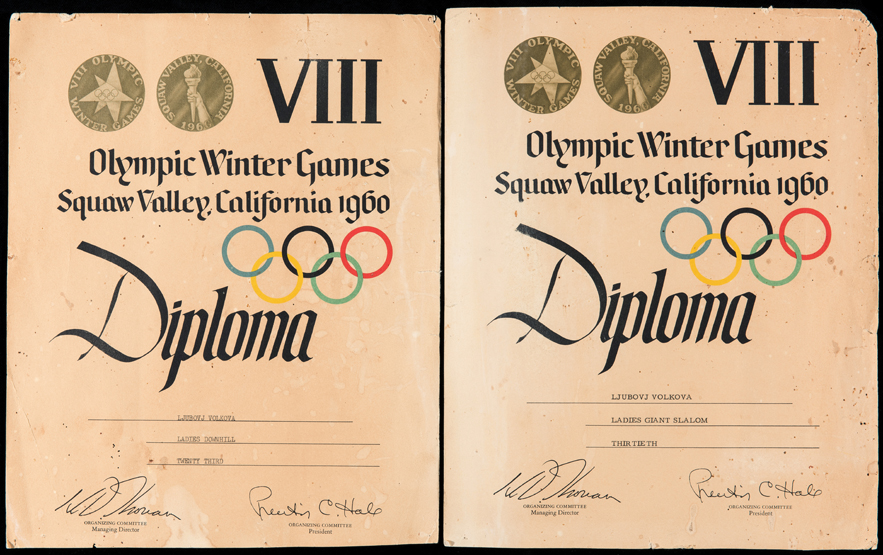 A pair of Squaw Valley 1960 Winter Olympic Games diplomas awarded to the Soviet alpine skiier