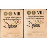 A pair of Squaw Valley 1960 Winter Olympic Games diplomas awarded to the Soviet alpine skiier