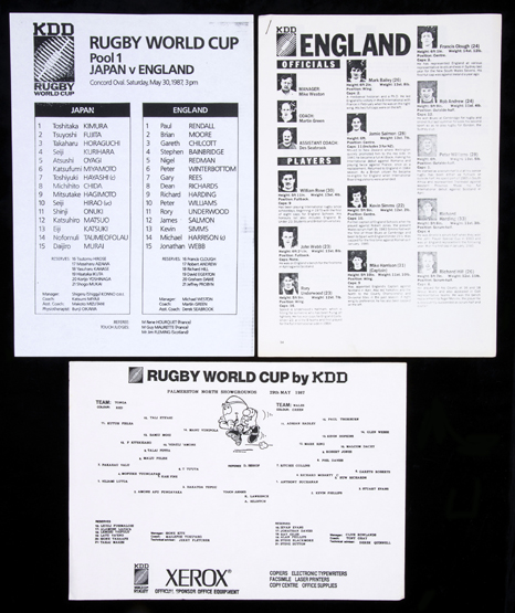 Press-issue team sheets for matches at the inaugural Rugby World Cup in 1987,
Zimbabwe v Scotland,