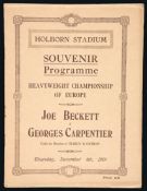 A boxing programme for the Joe Beckett v Georges Carpentier European Heavyweight Championship