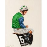 Peter Deighan (contemporary)
PORTRAIT OF LESTER PIGGOTT IN THE COLOURS OF ROBERT SANGSTER AT THE