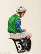 Peter Deighan (contemporary)
PORTRAIT OF LESTER PIGGOTT IN THE COLOURS OF ROBERT SANGSTER AT THE