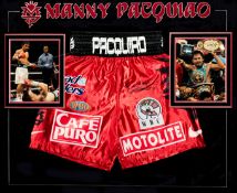 A signed Manny Pacquiao boxing trunks presentation,