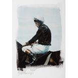 An Alan Brassington limited edition print of Lester Piggott in the colours of Lord Derby,