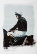 An Alan Brassington limited edition print of Lester Piggott in the colours of Lord Derby,