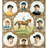 An 1895 lithograph featuring the champion racehorse Isinglass and portraits of leading jockeys,