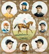An 1895 lithograph featuring the champion racehorse Isinglass and portraits of leading jockeys,