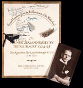 An autographed farewell luncheon menu for the 1924-25 New Zealand All Blacks rugby team,